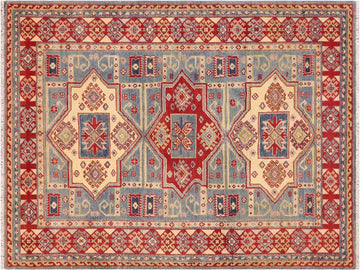 handmade Geometric Kazak Lt. Blue Beige Hand Knotted RECTANGLE 100% WOOL area rug 5x7
